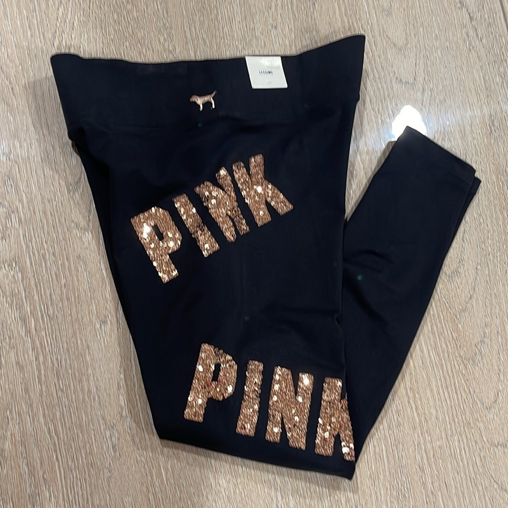 VS Pink Black Leggings with Gold Bling Sequin 'PINK'